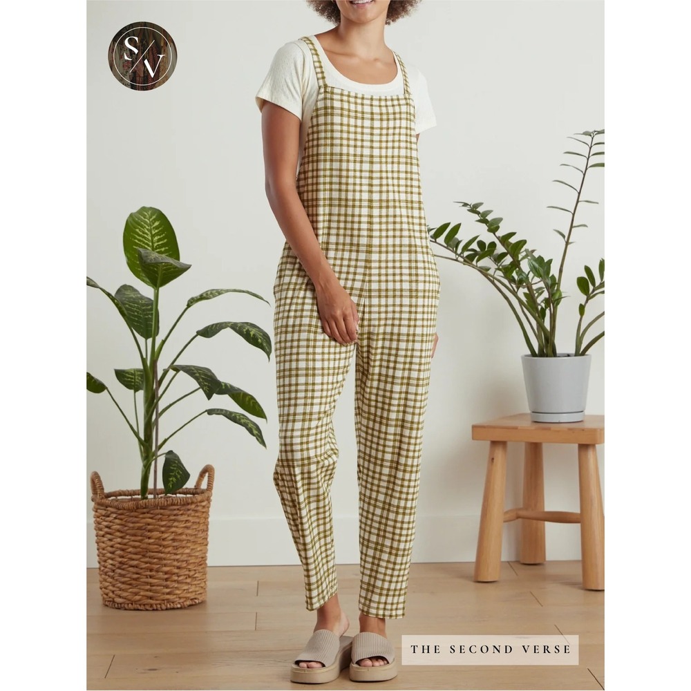 Known Supply Jumpsuit Women 2XL Olive Caden Plaid Organic Cotton Overalls